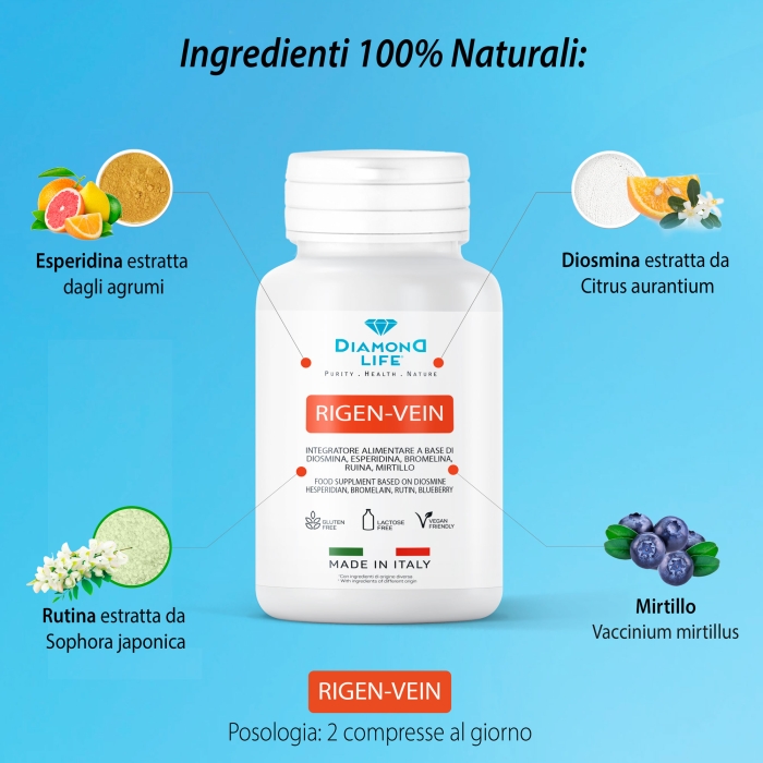 RIGEN-VEIN Nutraceutico con Diosmina Esperidina per Vene Varicose, Gambe Gonfie, Capillari Rotti, Emorroidi e Microcircolo