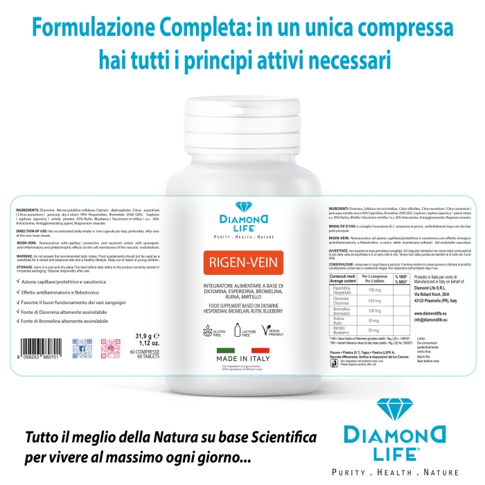 RIGEN-VEIN Nutraceutico con Diosmina Esperidina per Vene Varicose, Gambe Gonfie, Capillari Rotti, Emorroidi e Microcircolo